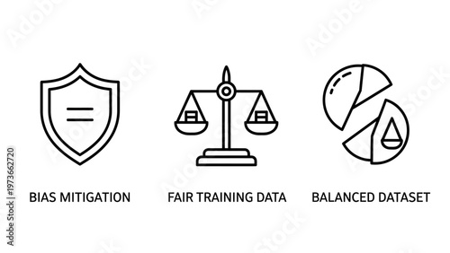 Data ethics and fairness icons representing bias mitigation fair training data and balanced dataset for responsible artificial intelligence development