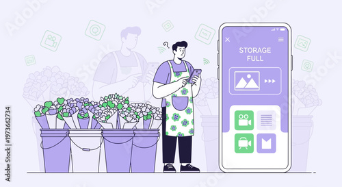 Florist with phone showing storage full error, surrounded by flowers and icons