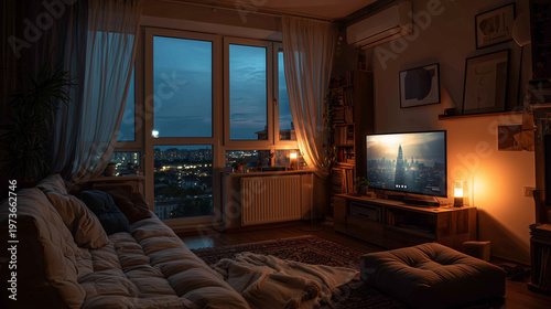 Small apartment with TV and relaxing evening setup ,small flat at night, photo style