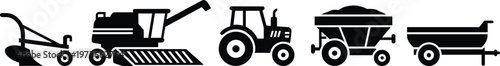 Black silhouette icon set of agricultural machinery featuring a plow, combine harvester, tractor, and various farm trailers for rural industry vector illustration content