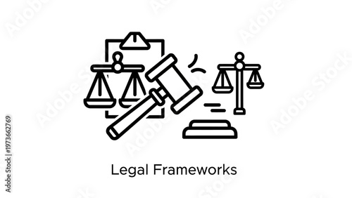 Legal frameworks concept with judge gavel and scales of justice icon set