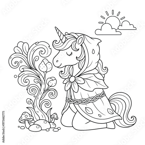 Unicorn cute fantasy character with cloak admiring magical plant in simple outline style coloring page
