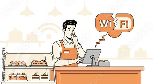 Frustrated baker with broken WiFi at point of sale in bakery shop