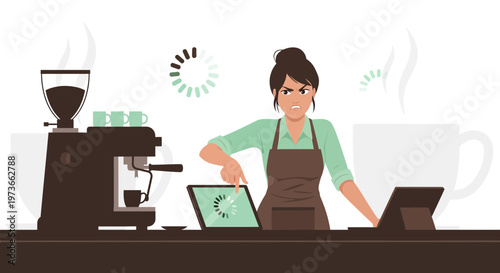 Frustrated barista with loading screen on laptop and tablet at coffee shop counter