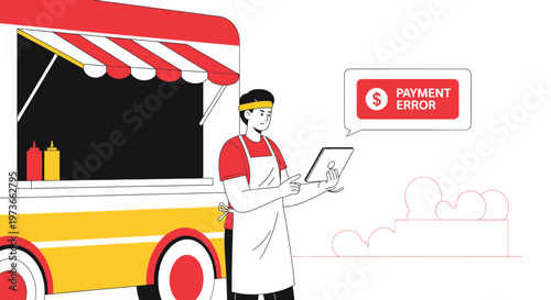 Food truck vendor with payment error on tablet, frustrated expression