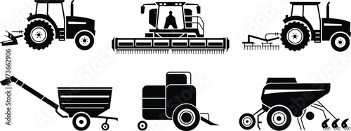Black silhouette set of agricultural machinery including tractors, combine harvesters, seeders, and grain carts for rural farm industry equipment vector illustration stock content