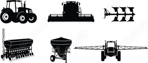 Black silhouette set of agricultural machinery including tractor, combine harvester, plow, seeder, and crop sprayer for farm industry vector illustration stock content design