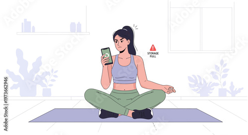Frustrated woman doing yoga at home, phone shows 'storage full' error