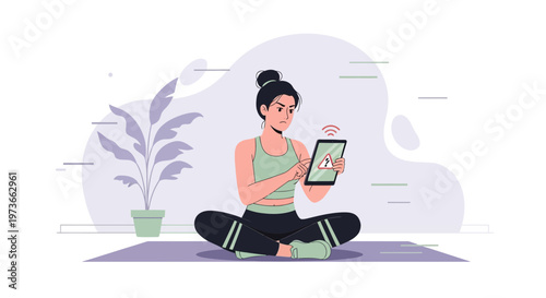 Frustrated woman doing yoga with a broken tablet, no internet connection