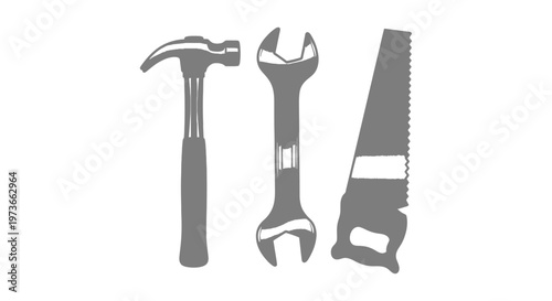 essential construction tools including a hammer wrench and saw perfect for carpentry repair and diy projects on a white background