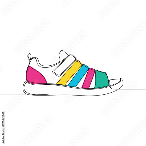 Colorful children sneaker with straps line art illustration