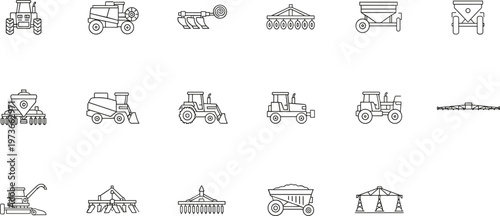 Large collection of agricultural line icons, thin stroke tractor vector, combine harvester symbols, farming equipment outline illustrations, industrial rural machine icons, cultivation tools, harvest