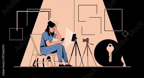 Frustrated Woman Struggling with Online Content Creation, Photography Setup