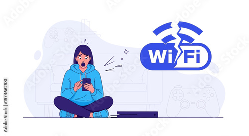 Frustrated Woman with Broken WiFi Signal on Phone, Internet Connection Problem
