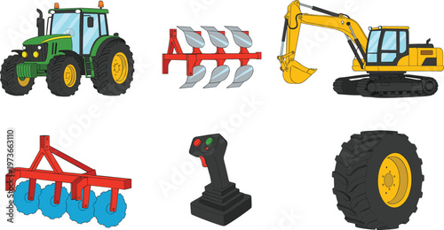 Modern heavy agricultural machinery and construction equipment set, featuring green tractor, yellow excavator, plow, disc harrow, control joystick, and large rubber tire, vector illustration