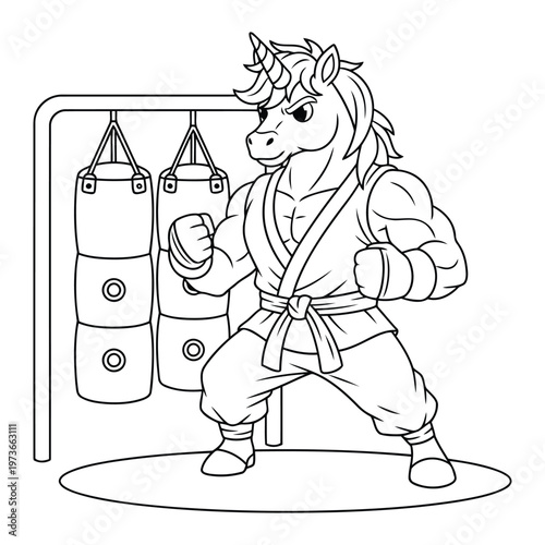 Unicorn strong martial artist character training punching bag outline coloring page