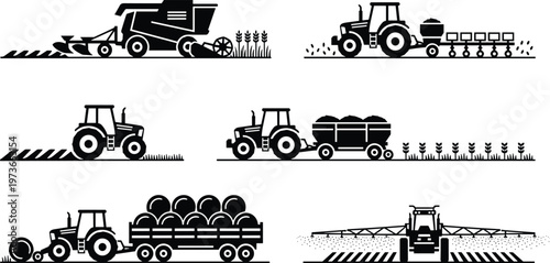 Minimalist black agricultural machinery icons set, tractor plowing field, combine harvester reaping crops, farming equipment silhouettes, industrial rural transport vector graphic, farm vehicle