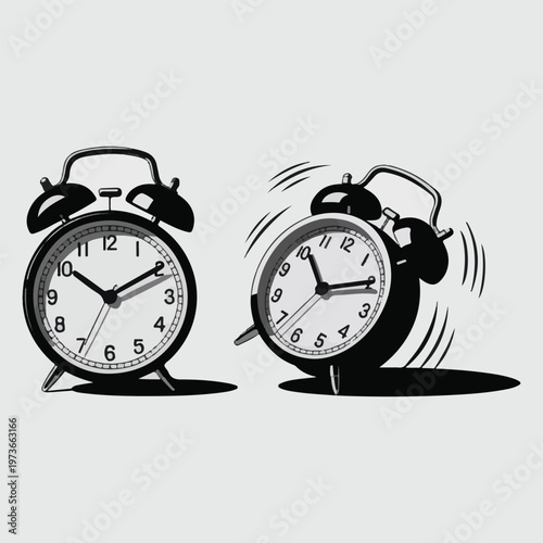 Classic alarm clocks, one peaceful and one vigorously ringing, signaling the start of a new day