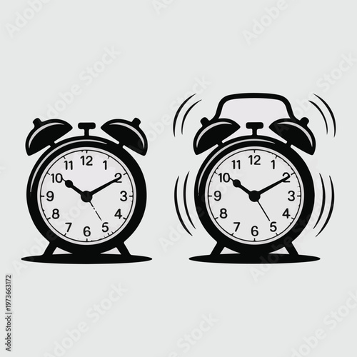 Vector illustration of two classic alarm clocks, one resting and one actively ringing with vibration lines, symbolizing time, awakenings, and daily routines