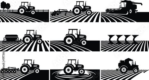 Set of black agricultural tractor silhouettes working in farm field landscapes, featuring combine harvesters, plows, and soil cultivation machinery for rural industry vector illustration