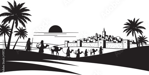 Caravan of camels and people traveling through desert landscape towards walled city and palm trees under setting sun exodus journey religious theme