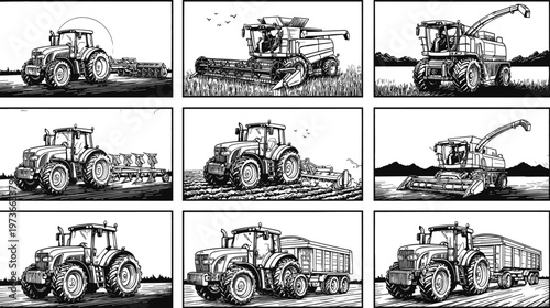 Set of detailed hand drawn sketches featuring agricultural tractors, combine harvesters, plows, and grain trailers in field landscapes for rural farm industry vector illustration