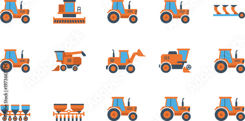 Set of flat vector icons featuring orange agricultural machinery including farm tractors, combine harvesters, plows, seeders, and heavy industrial equipment for modern farming cultivation