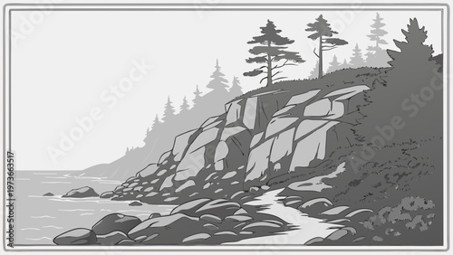 Rocky Shoreline Pine Forest Misty Coastal Grayscale Sketch