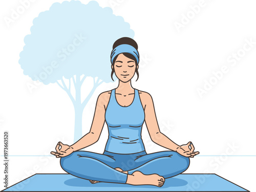 Woman in blue outfit sitting in lotus position on yoga mat in front of tree