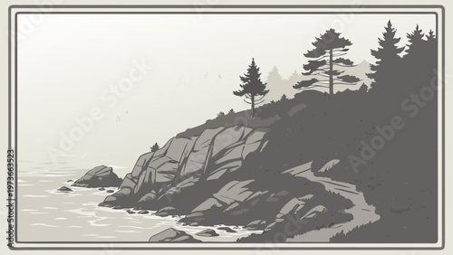Rocky Coastal Cliff Pine Trees Foggy Seascape Grayscale