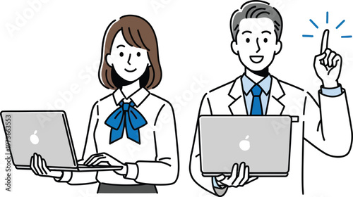 Cartoon business colleagues with laptops smiling and pointing