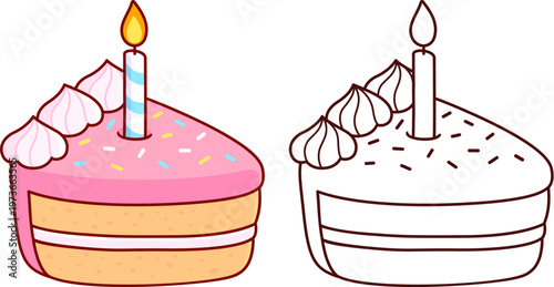 Cute cartoon birthday cake slice with candle. Color drawing and black and white line art. Isolated vector clipart illustration.
