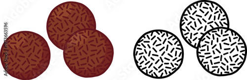 Brigadeiro, traditional Brazilian chocolate candy with sugar sprinkles. Color drawing and black and white line art. Simple vector clipart illustration.
