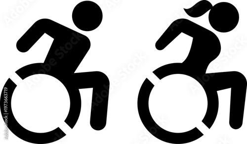 Wheelchair accessible icons, man and woman symbol, dynamic silhouette. Restroom door signs for reduced mobility users. Isolated vector clip art.