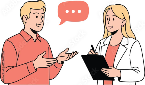 A man and woman engaged in a conversation with a speech bubble