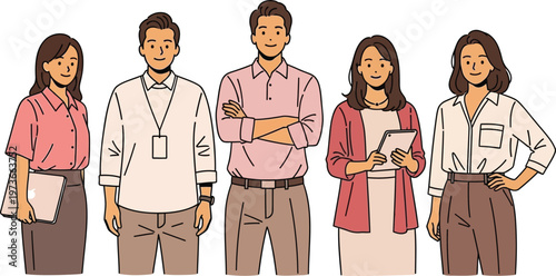 A group of five diverse business professionals standing together