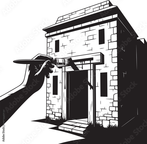 Passover doorpost painting scene showing hand with brush applying blood on stone house entrance lintel for protection during ancient exodus story