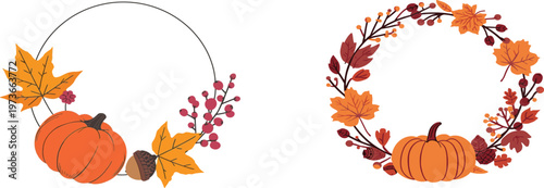  Fall Seasonal Floral Wreaths with Pumpkins Vector Set