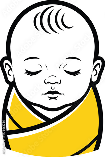 A serene baby swaddled in yellow blanket sleeping peacefully