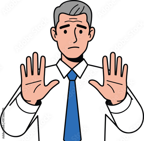 Cartoon man in white shirt and blue tie showing stop gesture with hands