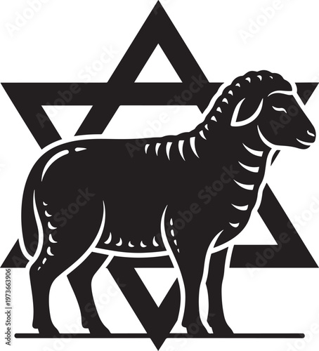 Sacrificial lamb silhouette standing in front of star of david symbol representing biblical passover offering and ancient jewish religious ritual