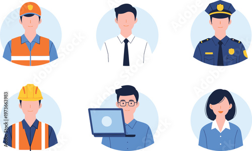 Flat design style illustrations of six different professionals in various occupations and uniforms