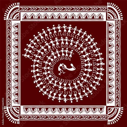 Warli peynting - hand drawn traditional the ancient tribal art India. Pictorial language is matched by a rudimentary technique depicting rural life of the inhabitants of India