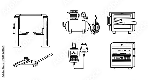 Garage Equipment Vector Icons with Lift Jack and Tool Chest