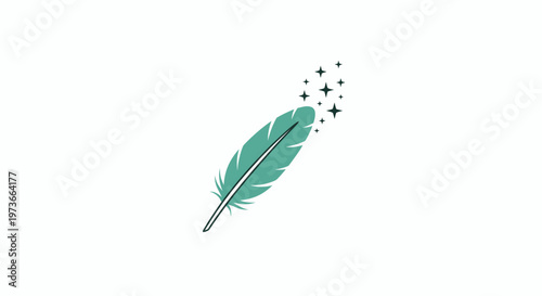 A green feather with sparkling stars.
