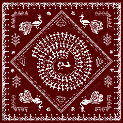 Warli peynting - hand drawn traditional the ancient tribal art India. Pictorial language is matched by a rudimentary technique depicting rural life of the inhabitants of India