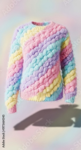 Floating pastel rainbow striped textured sweater with fluffy yarn with long sleeve with children s clothing with teen fashion with gender neutral with pastel colors