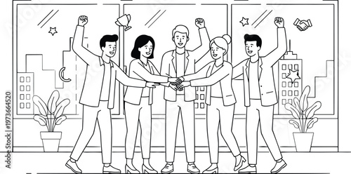Vector illustration of diverse group of young business people putting hands together and celebrating success for corporate unity and creative teamwork achievement concepts.