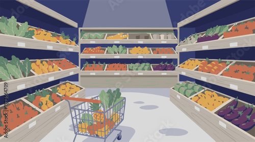 Supermarket aisle with fresh fruits, vegetables, and filled shopping cart