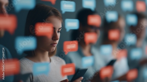 A young person focused on their smartphone, surrounded by floating blue and red digital chat bubbles, symbolizing online communication and social media interaction.